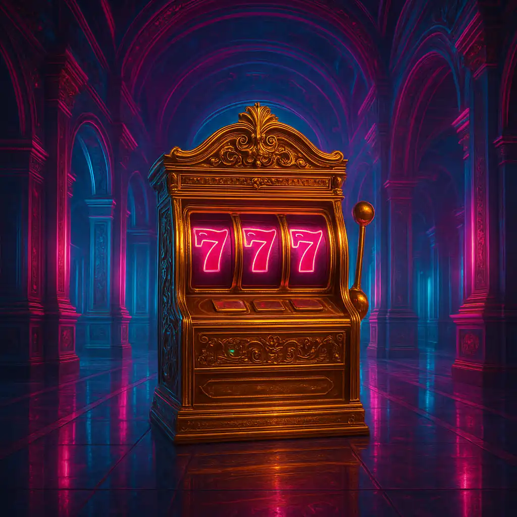 Palais royal illuminé de néons roses et cyan avec machines à sous