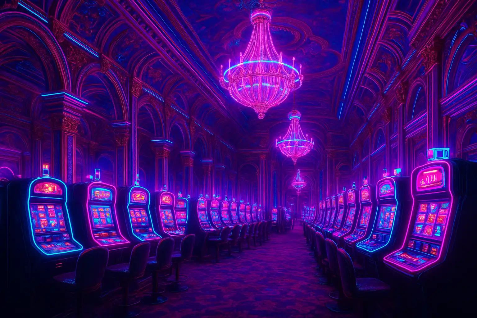 Rangée de machines à sous dorées et néon dans un décor de palais cyberpunk